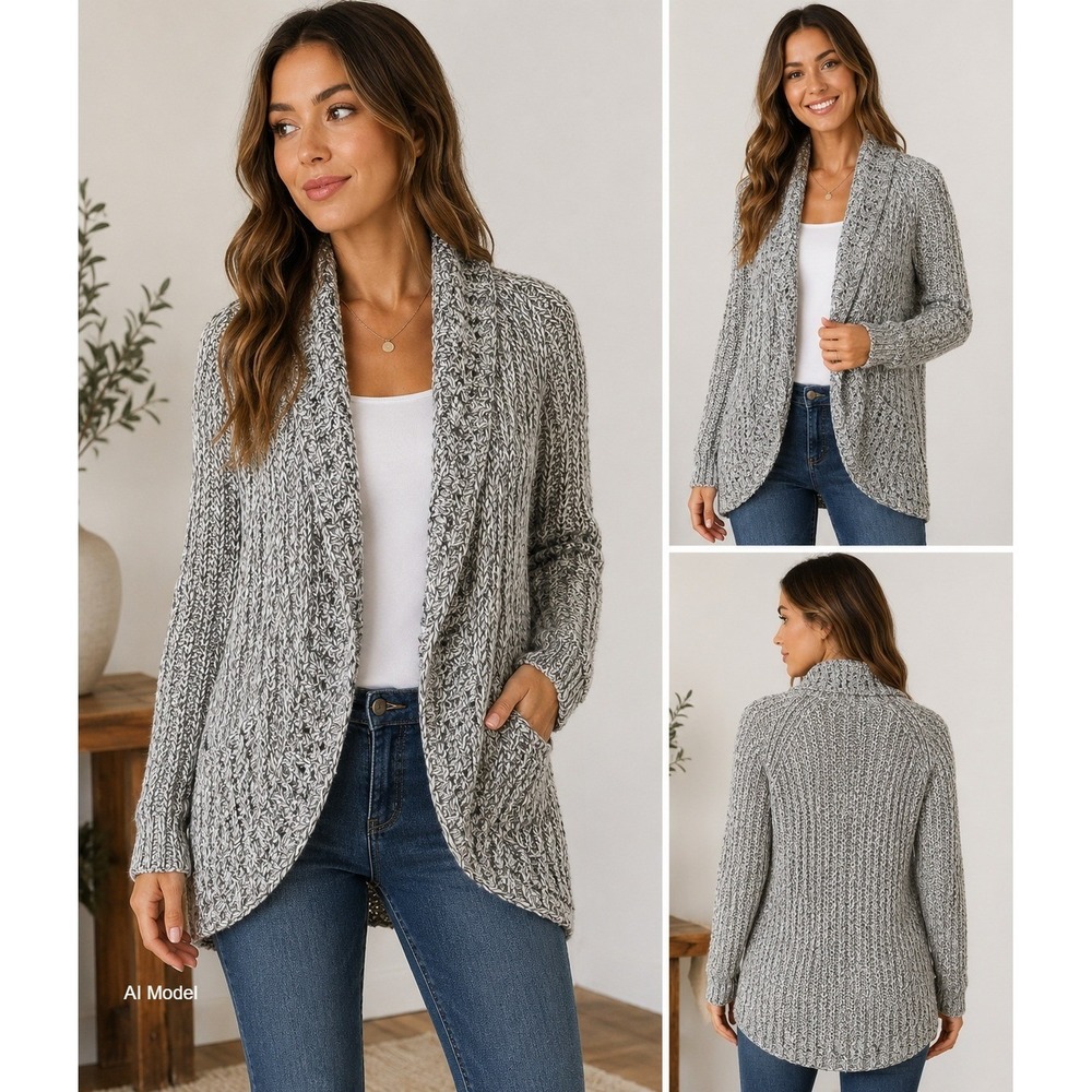 Boho Chunky Knit Open Front Cardigan Sweater Womens Medium Gray Cottagecore